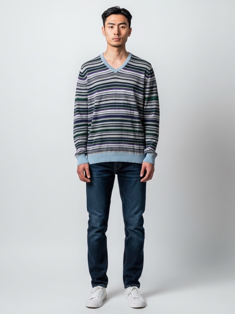 Daniele Alessandrini Men's Striped V-Neck Sweater — linen blend — large